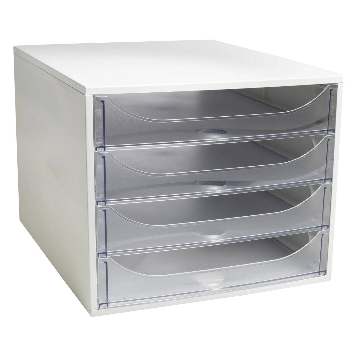 Weißer Kunststoff-Schreibtischorganizer mit vier Schubladen und transparenten Frontseiten auf neutralem Hintergrund.