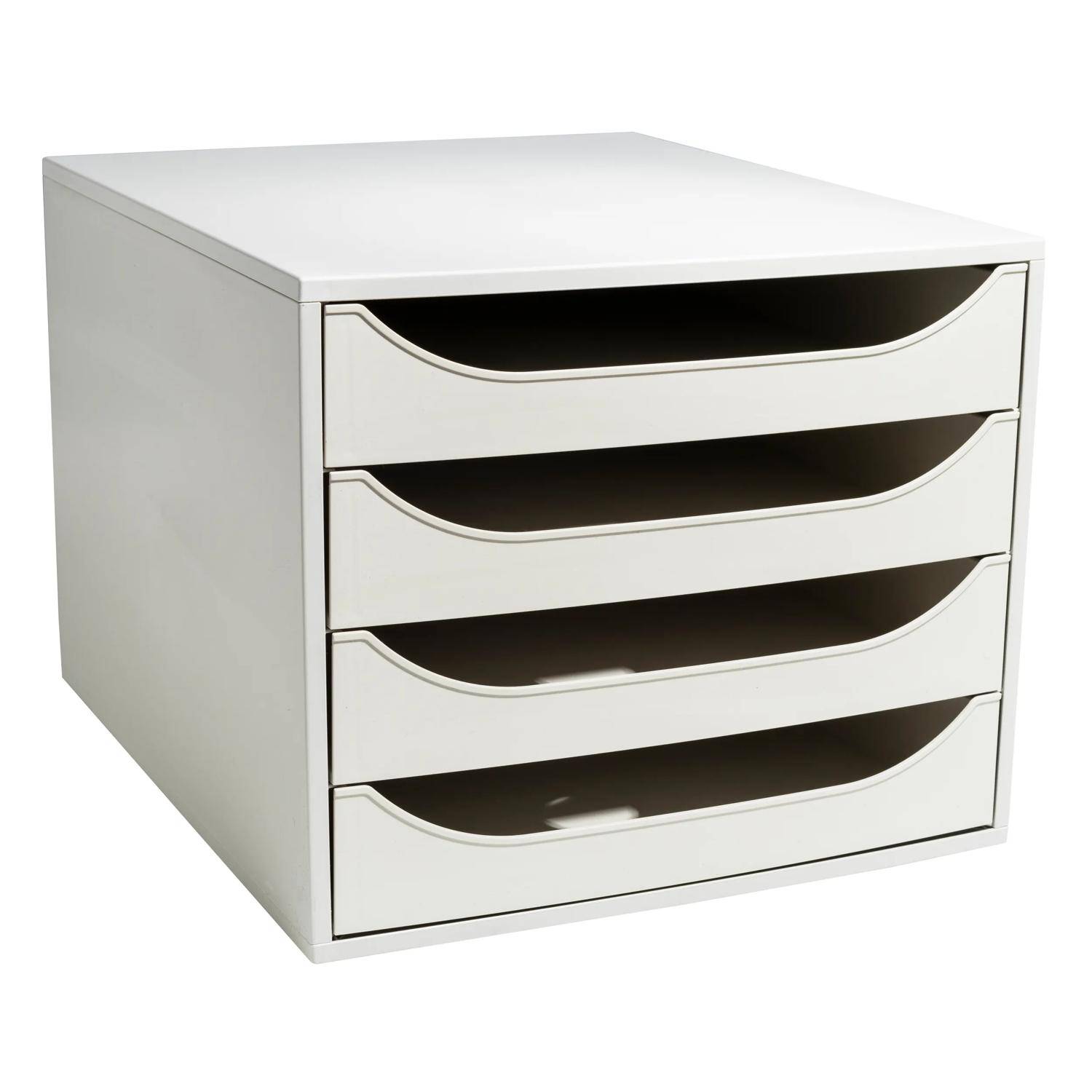 Weiße vierschubladige Desktop-Aktenschrank mit geschwungenen Schubladengriffen an der Front, abgebildet auf weißem Hintergrund.