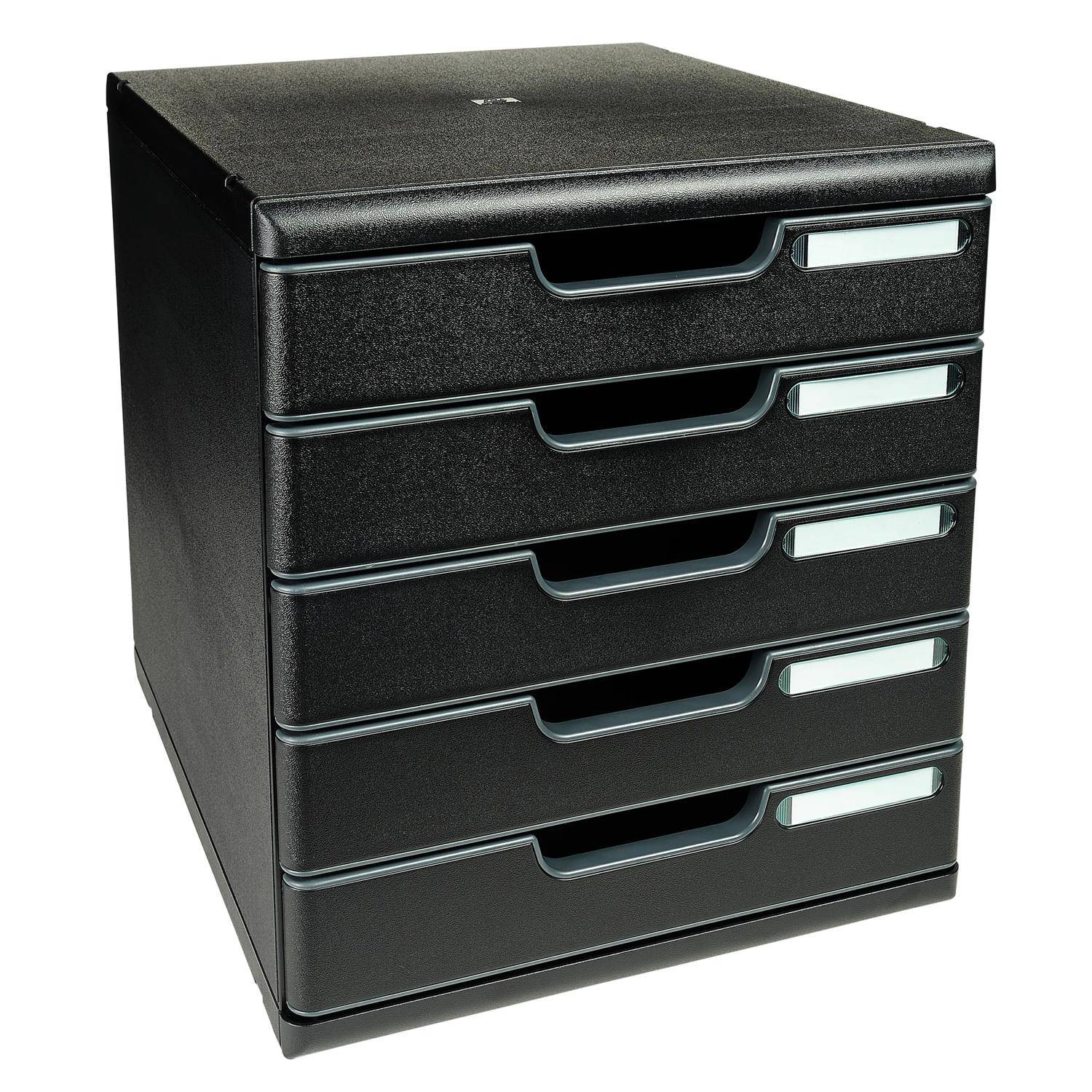 Schwarzer fünf-Schublade-Schreibtisch-Lagerschrank mit Etikettenhaltern auf weißem Hintergrund.