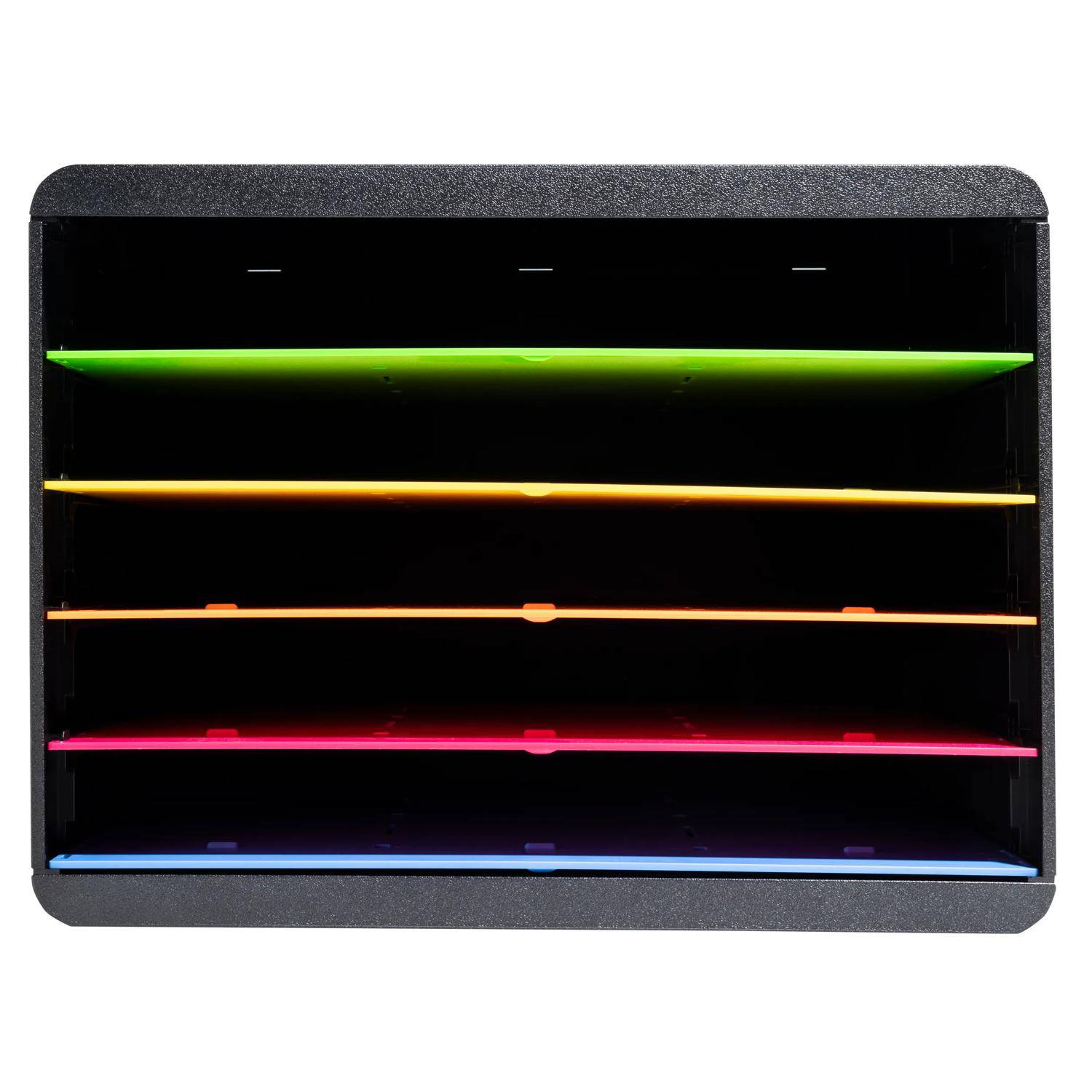 Schwarzes Displaygehäuse mit fünf horizontalen LED-Leuchtstäben in Grün, Gelb, Orange, Rosa und Blau auf dunklem Hintergrund.