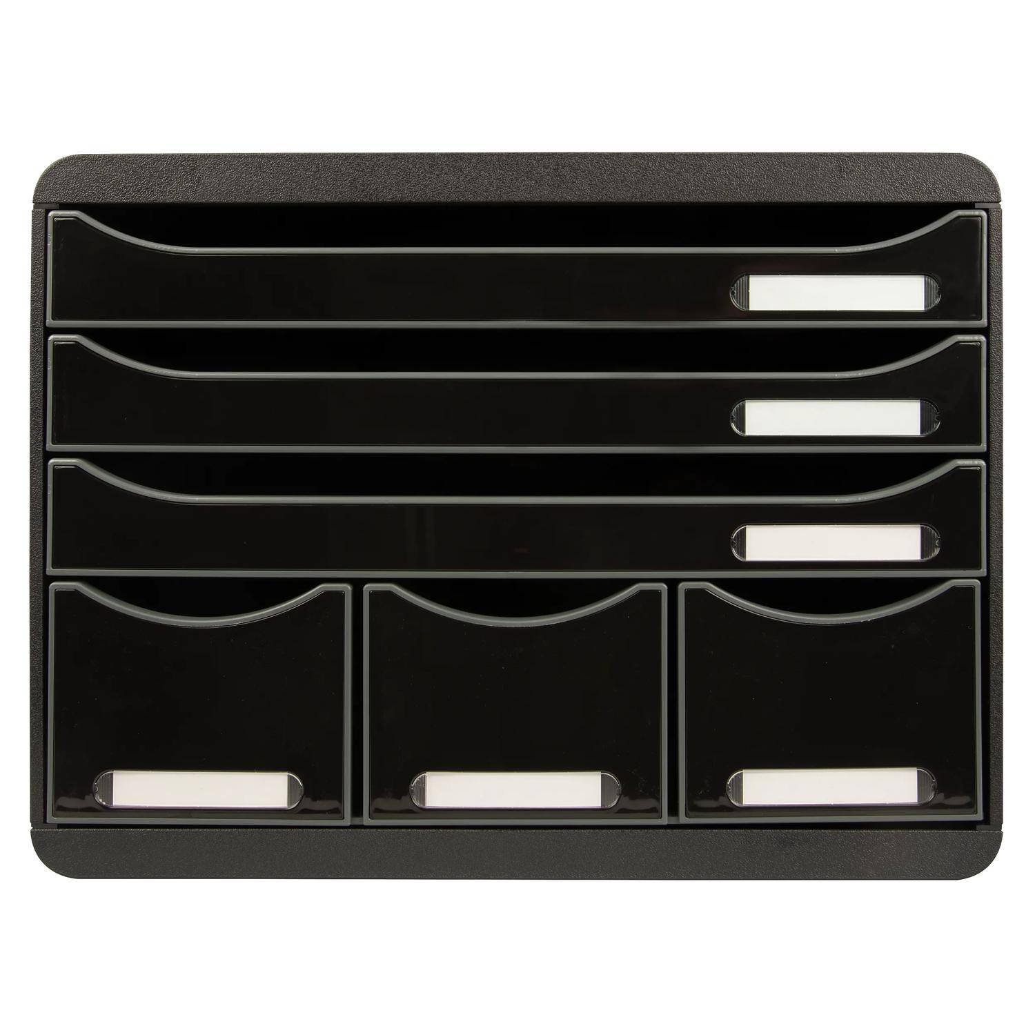 Schwarze Schreibtischorganizer mit sechs beschrifteten Schubladen und silbernen Griffen, angeordnet in drei flachen oberen Schubladen und drei größeren unteren Fächern.