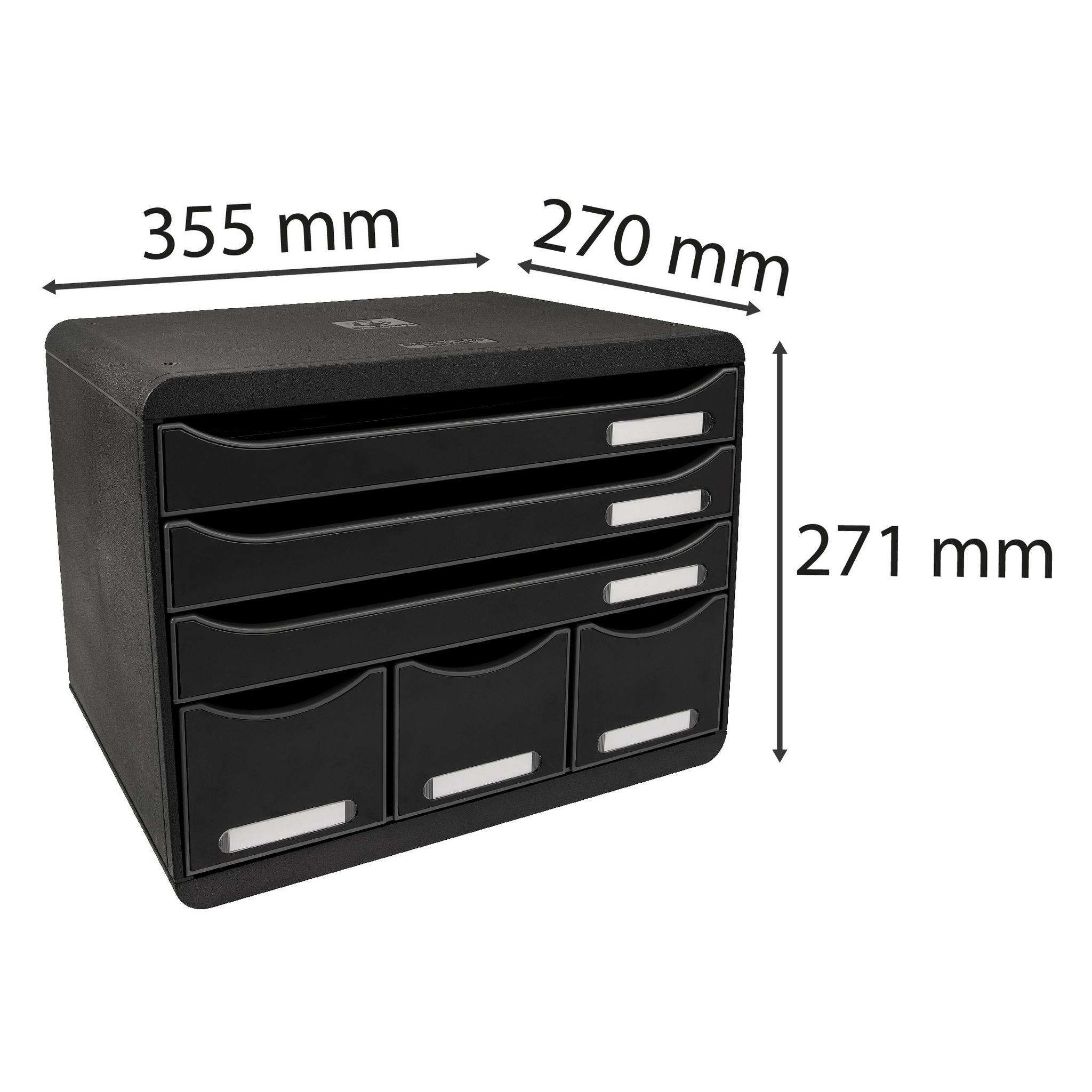 Schwarzer Desktop-Organizer mit drei Schubladen und beschrifteten Abmessungen: 355 mm breit, 270 mm tief, 271 mm hoch.
