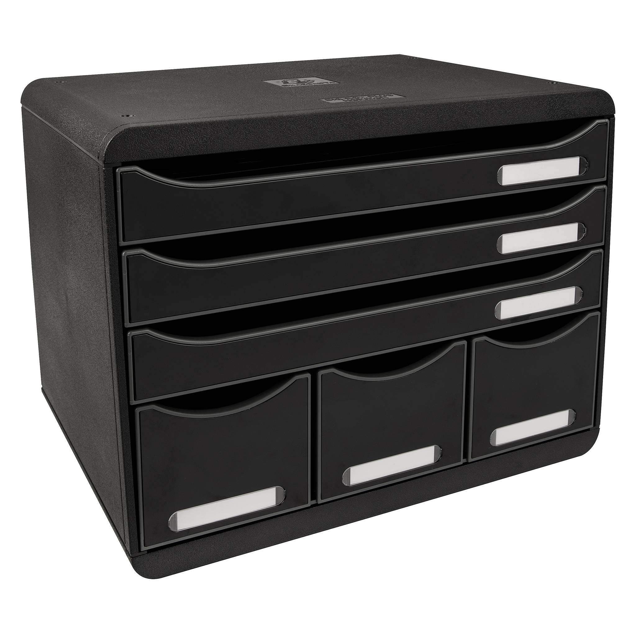 Schwarzer Schreibtischorganizer mit drei offenen Oberfächern und drei beschrifteten Schubladen zum Lagern von Dokumenten oder Materialien.