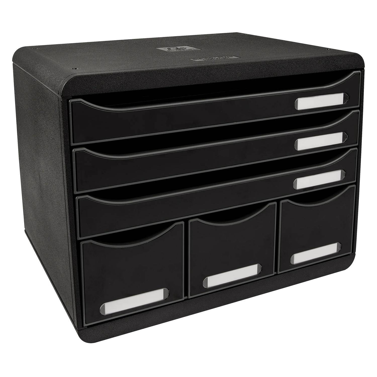 Schwarzer Desktop-Organizer mit vier ausziehbaren Schubladen und geschwungenen Frontschlitzen, dargestellt vor weißem Hintergrund.
