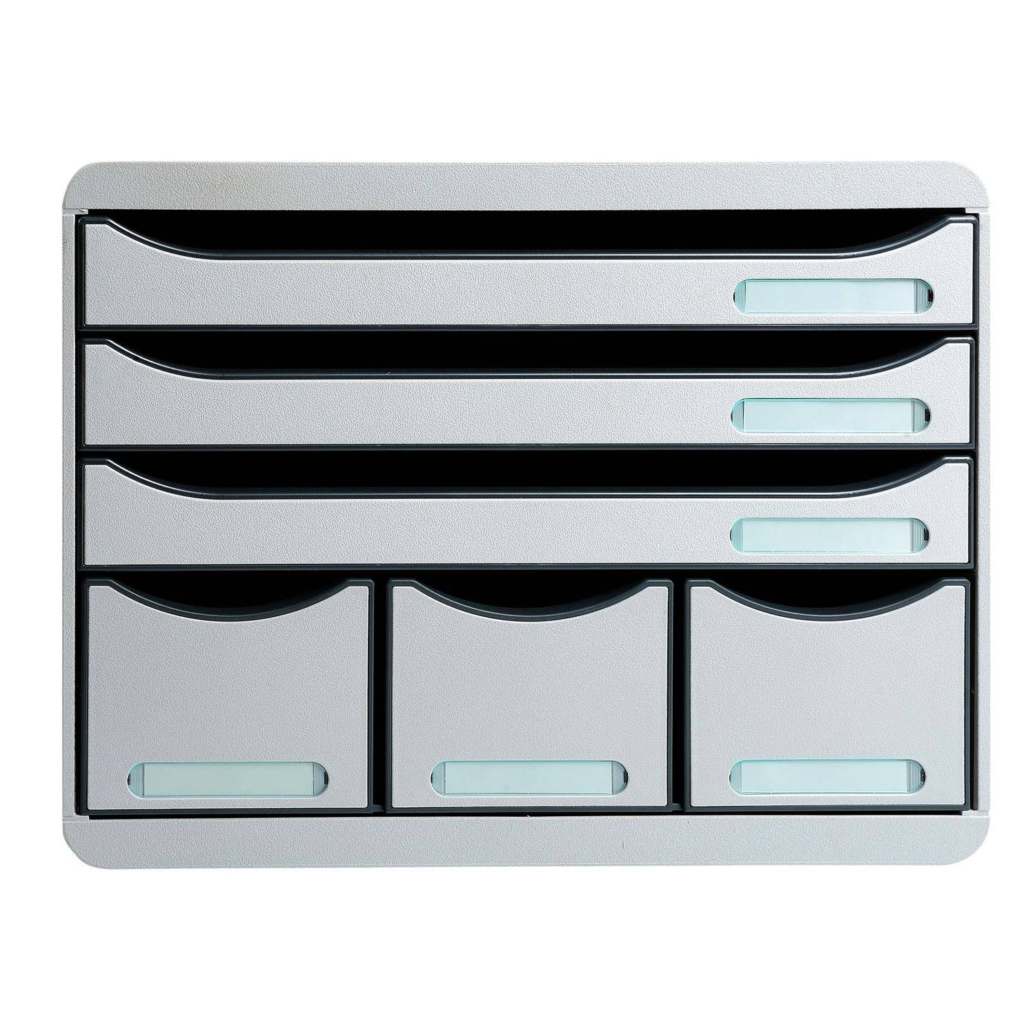 Kleiner grauer Schreibtischorganizer mit sechs Schubladen: drei breite obere Schubladen und drei schmale untere Schubladen, jeweils mit hellblauen Griffen.