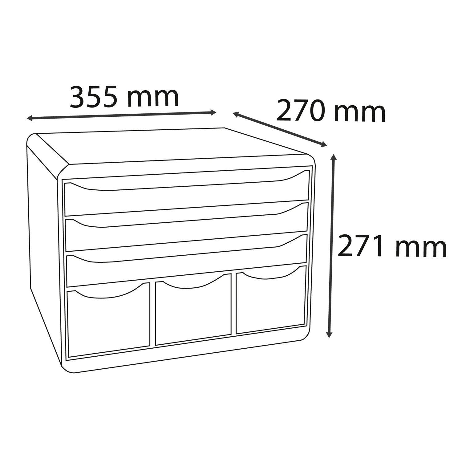 Strichzeichnung eines kleinen Schubladenschranks mit beschrifteten Abmessungen: 355 mm breit, 270 mm tief und 271 mm hoch.