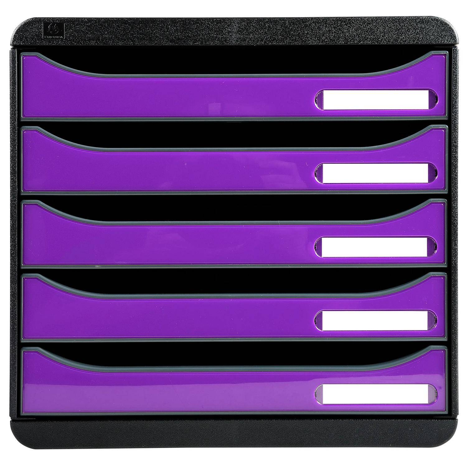 Schwarzer Speicherorganizer mit fünf violetten ausziehbaren Schubladen und weißen Etikettenschlitzen.
