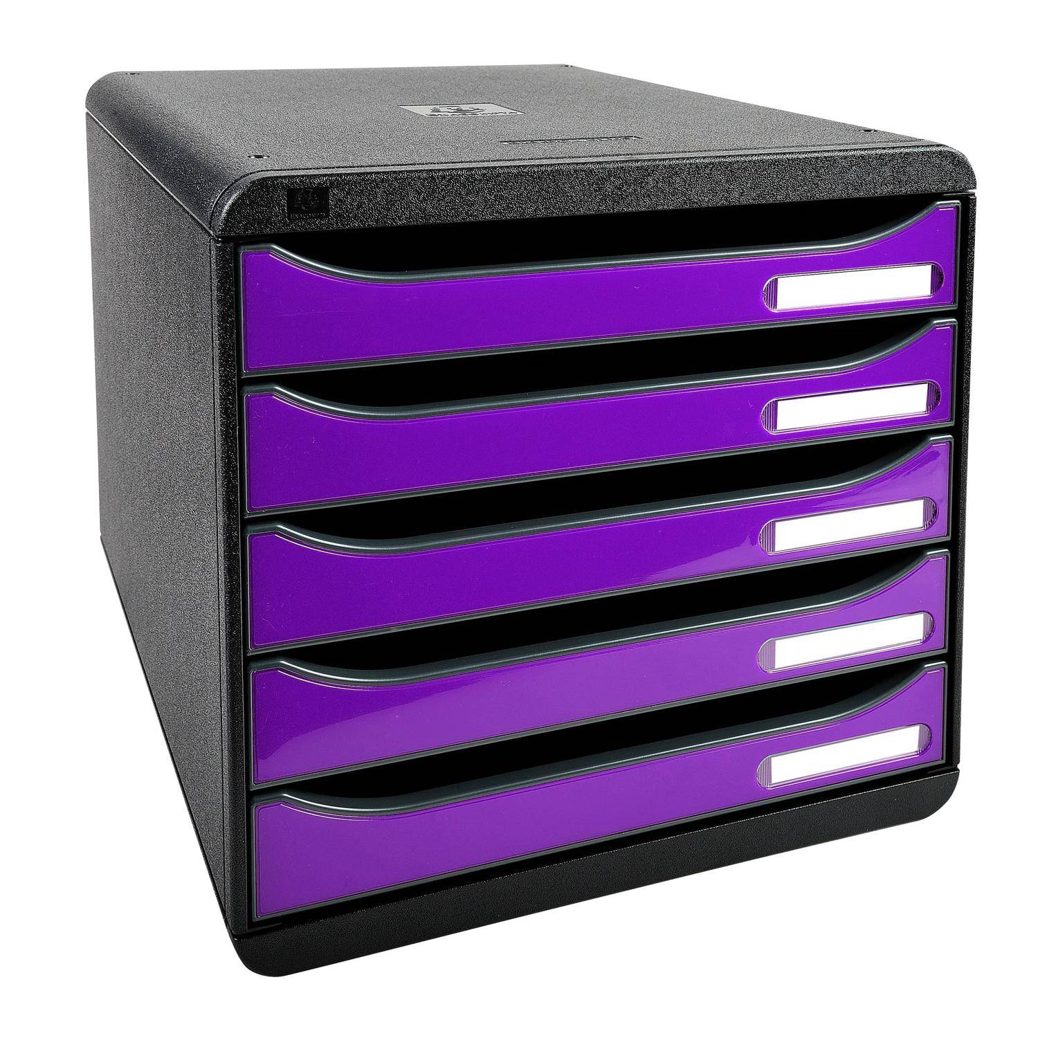 Schwarzer fünf-Schubladen-Schreibtisch-Aufbewahrungsorganizer mit violetten Schubladen und weißen Etikett-Griffen.