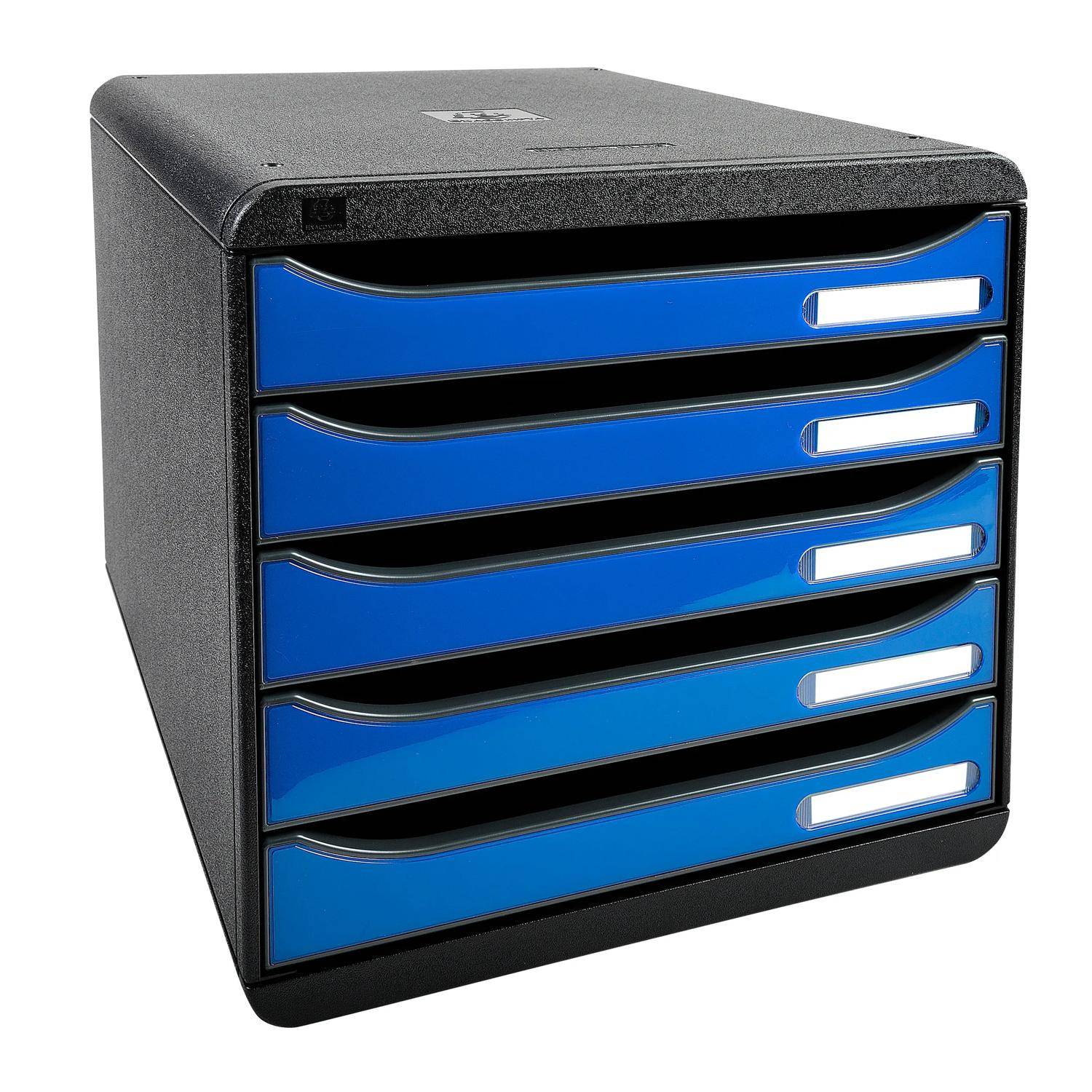 Schwarzer Desktop-Organizer mit fünf blauen Schubladen und silbernen Griffen, Frontansicht auf weißem Hintergrund.