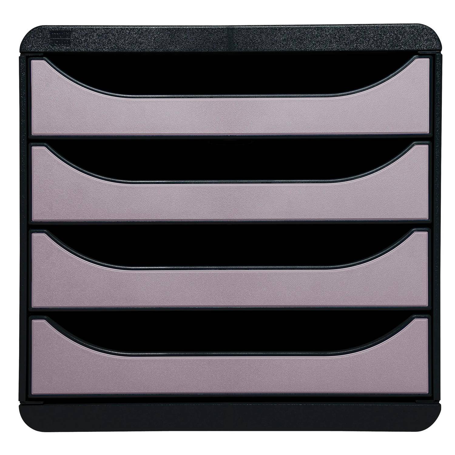 Schwarzer Schminkorganizer mit vier horizontalen Schubladen und geschwungenen silbergrau Fronten