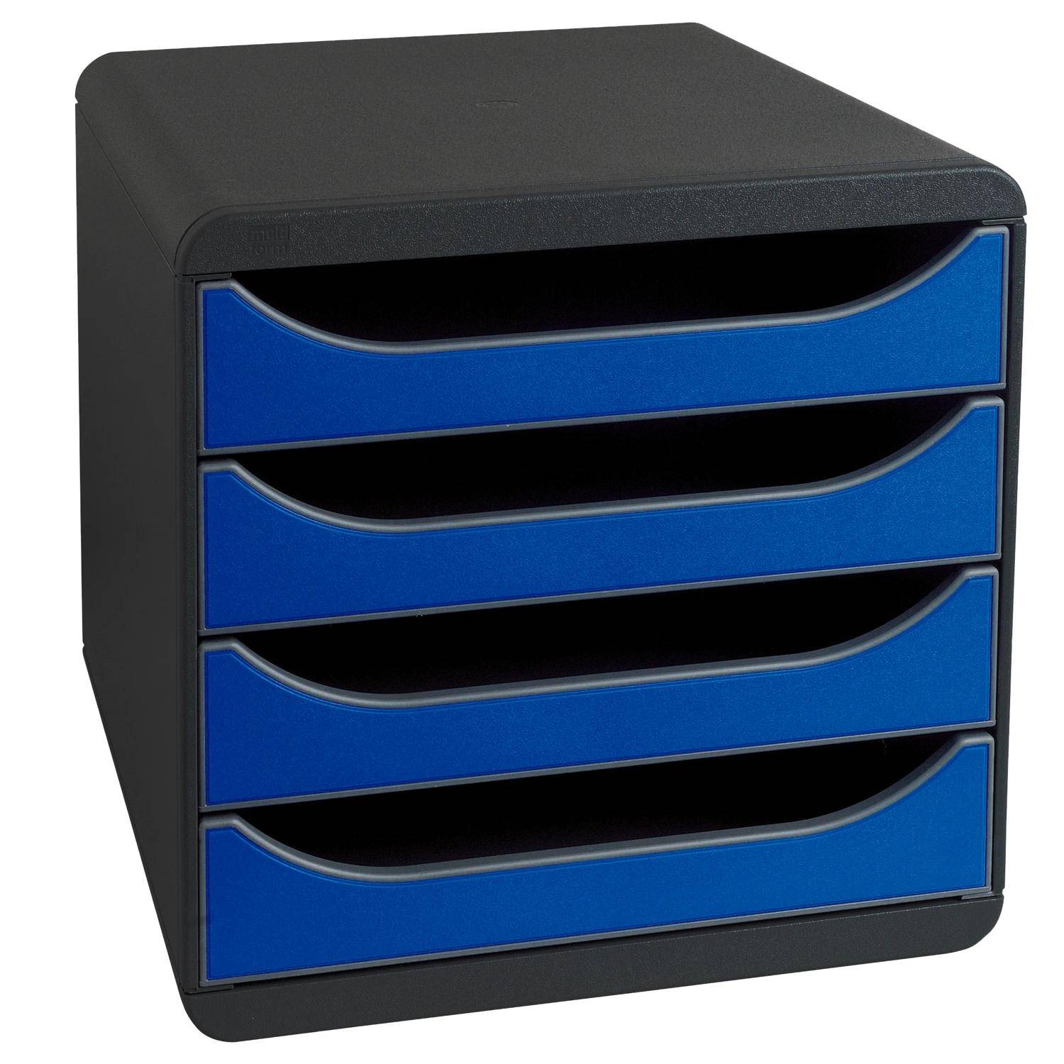 Schwarzer Desktop-Speicherorganizer mit vier blauen ausziehbaren Schubladen und offenen Fächern für Bürobedarf