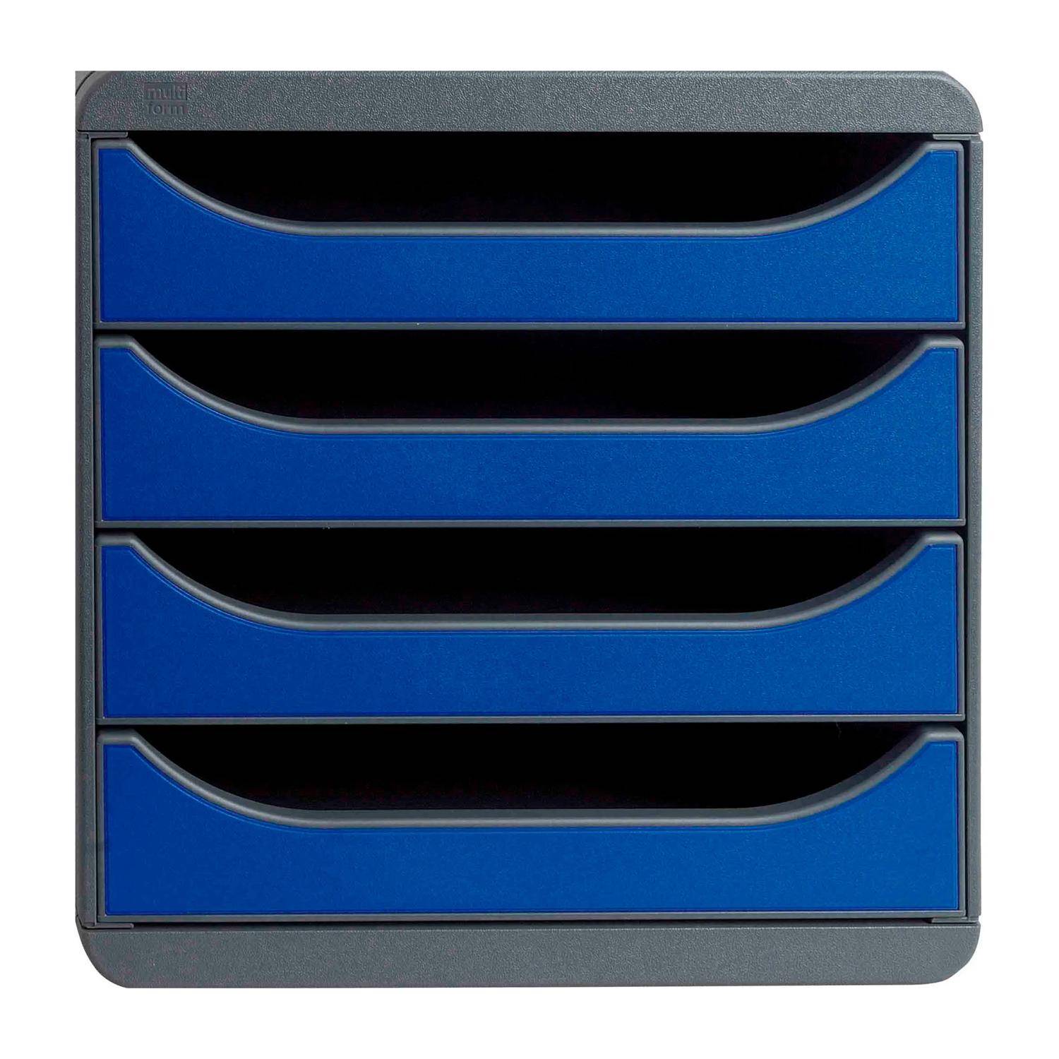 Vier blaue Ablageboxen, die in einem grauen Schreibtischorganizer gestapelt sind, von vorne gezeigt.