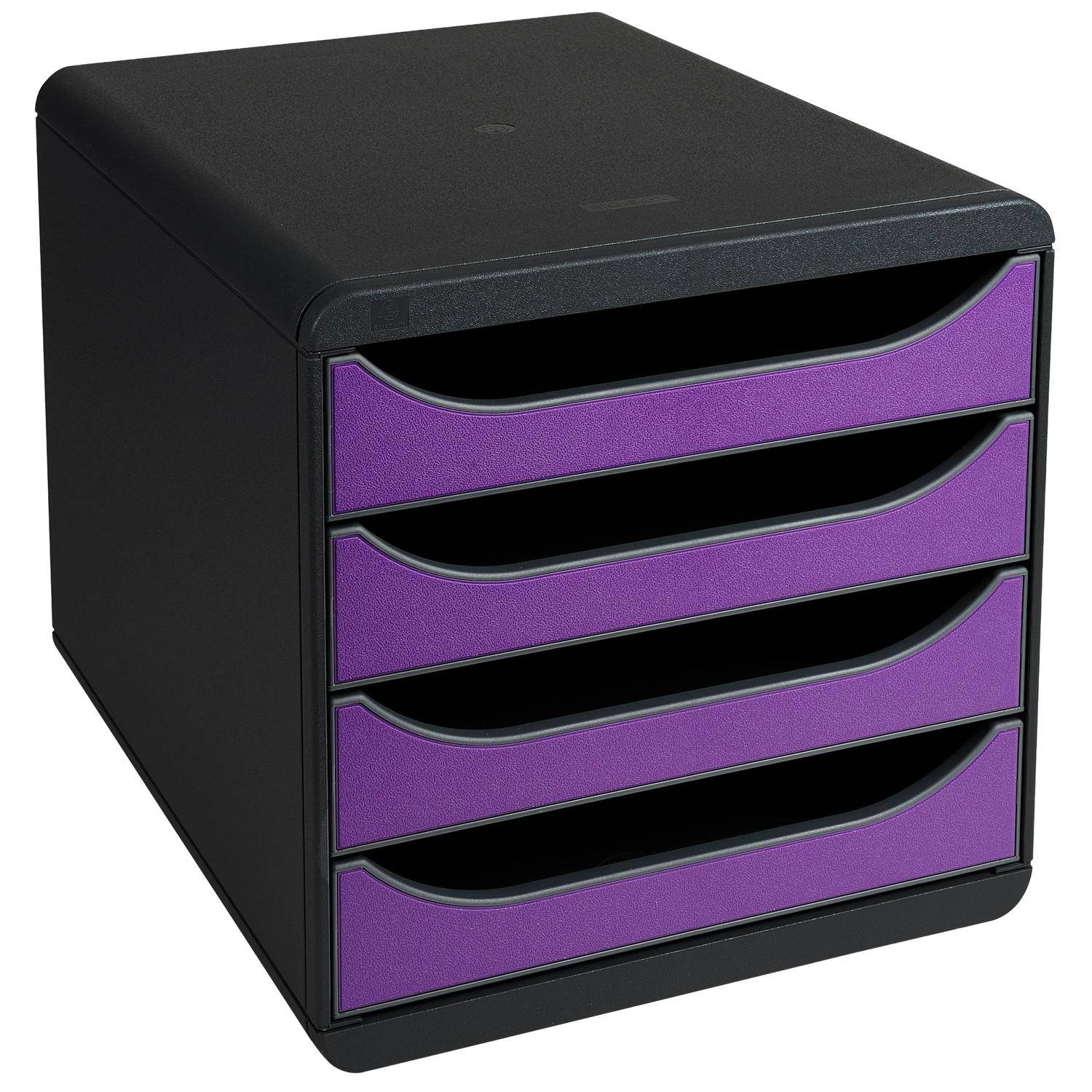Schwarze Desktop-Speicherbox mit fünf violetten ausziehbaren Schubladen, auf weißem Hintergrund dargestellt.