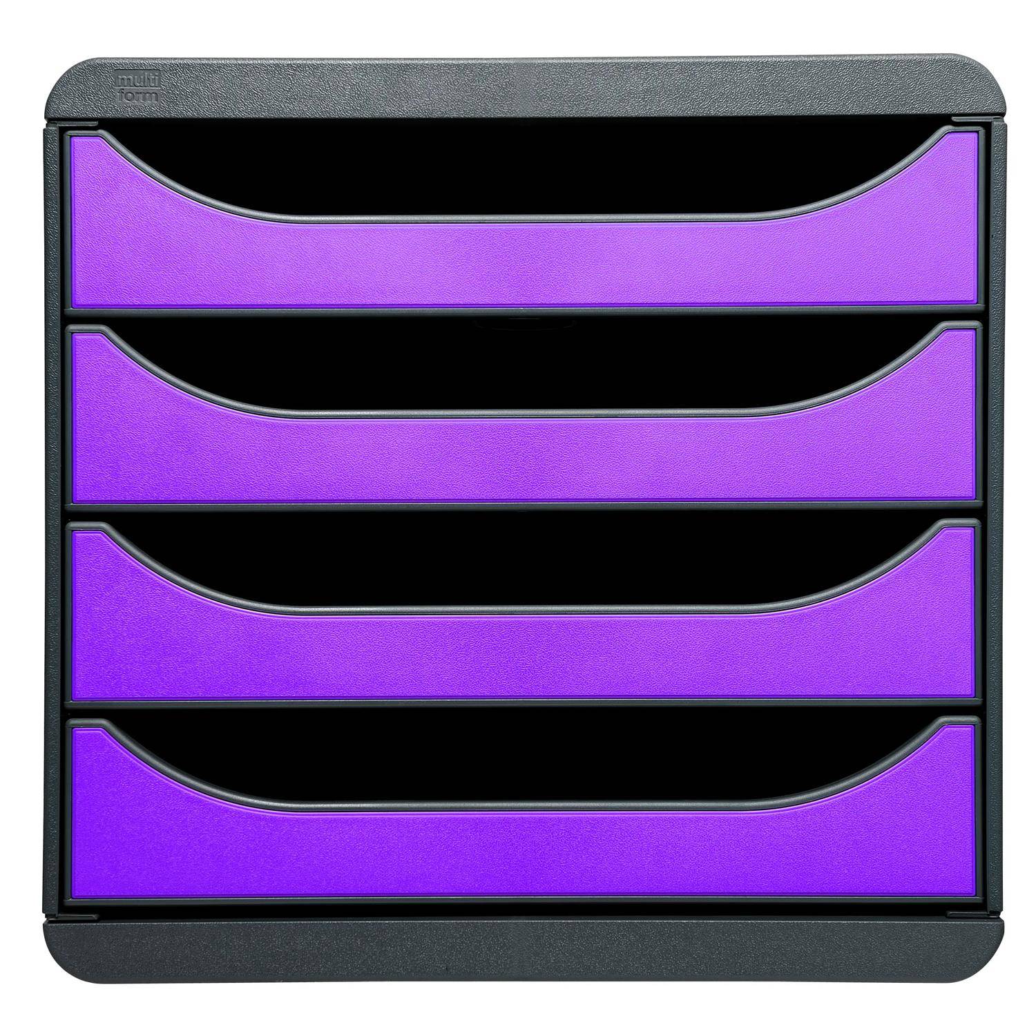 Vier-Schublade schwarze Speichereinheit mit violetten Frontpaneelen und abgerundeten Griffausschnitten, in Vorderansicht dargestellt.