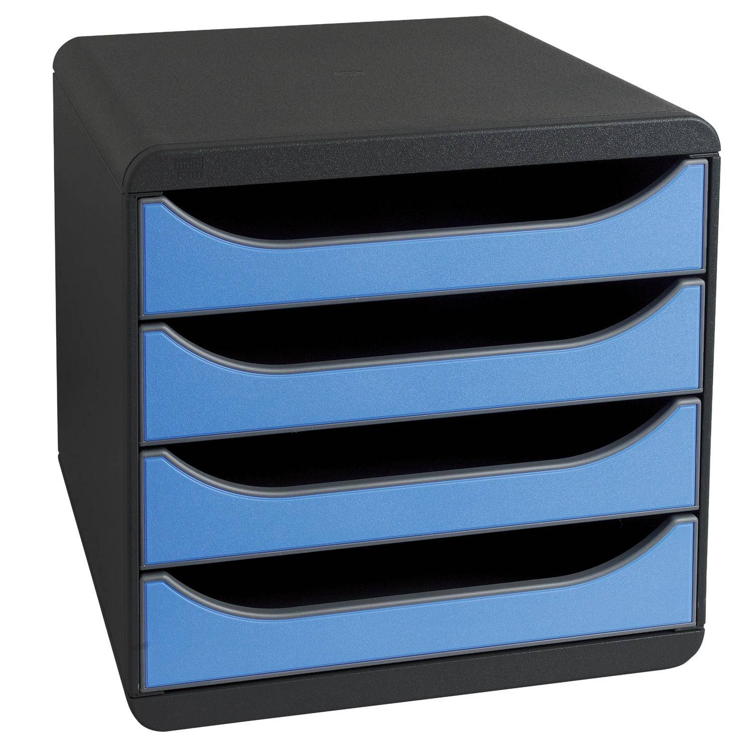 Schwarzer Desktop-Organizer mit vier blauen ausziehbaren Schubladen