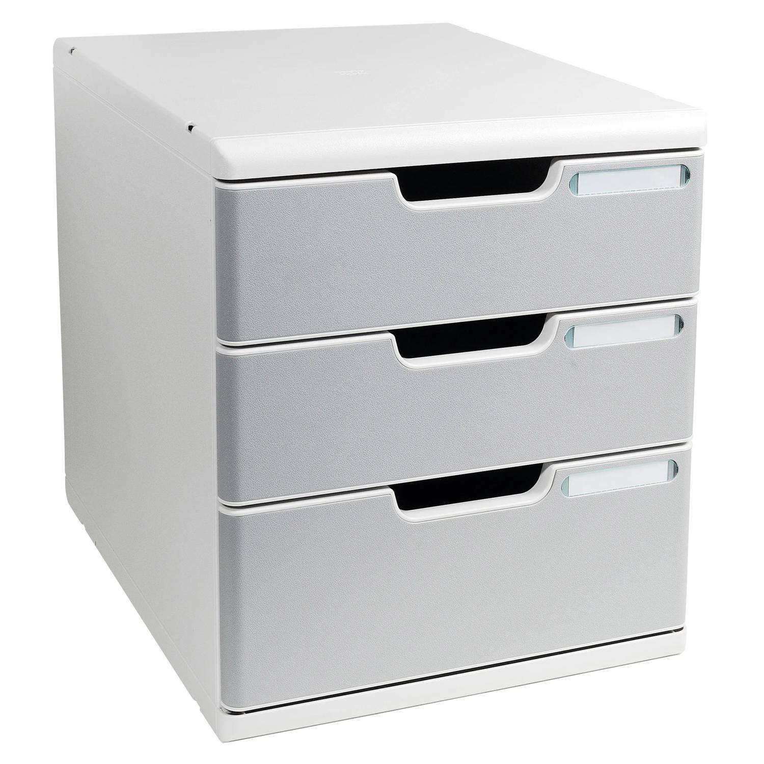 Weiße Aktenschrank mit drei Schubladen und vertieften Griffen auf neutralem Hintergrund.