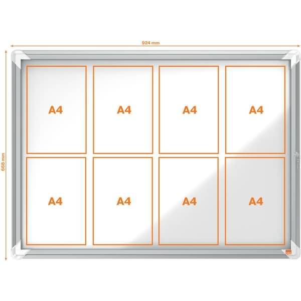 Silberner Rahmen mit Displayfunktion in den Maßen 924 mm x 668 mm, angeordnet für acht A4-Dokumente in einem 2×4-Raster.