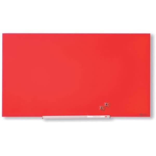 Rotes rechteckiges Whiteboard mit weißer Markerschale am unteren Rand und zwei Magneten in der Nähe der unteren rechten Ecke.