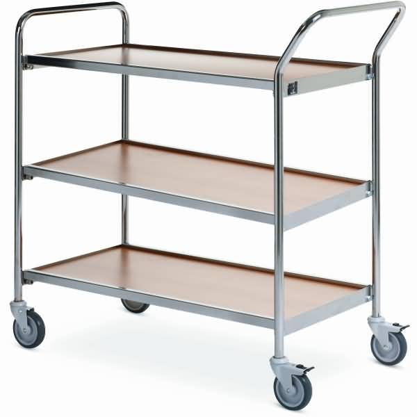 Tischwagen 1 Fahrhandgriff 1 Stirnseite 3 Etagen 80x42cm chrom/buche/kirsche