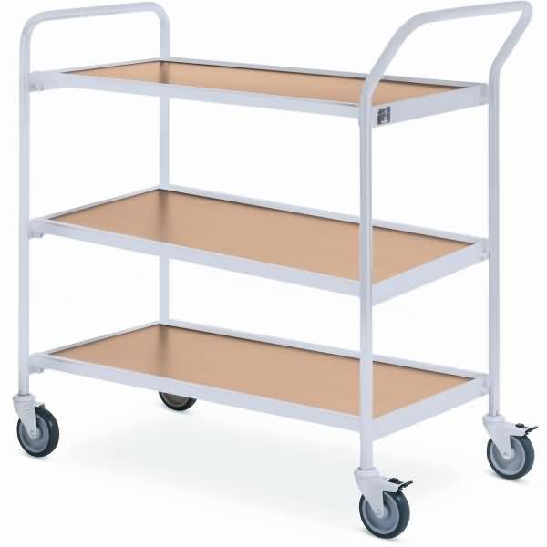 Tischwagen 1 Fahrhandgriff 1 Stirnseite 3 Etagen 80x42cm hellgrau/eiche/birke