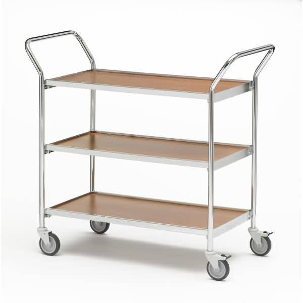 Tischwagen 2 Fahrhandgriffe 3 Etagen 80x42cm chrom/eiche/birke