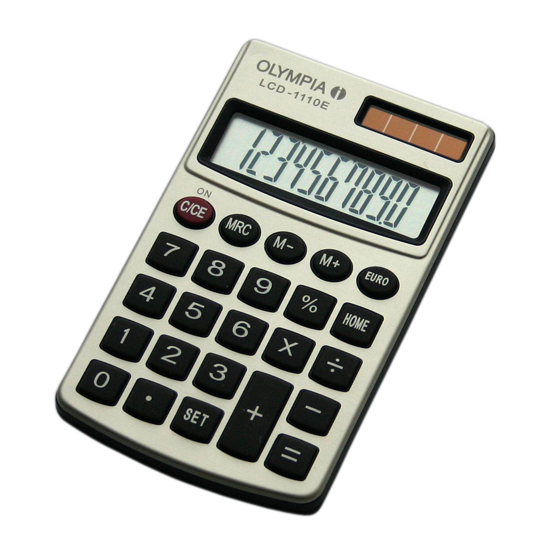 Ein beiger Olympia LCD-1110E-Rechner mit großem Display, Speichertasten und orangefarbenem Solarpanel auf weißem Hintergrund.