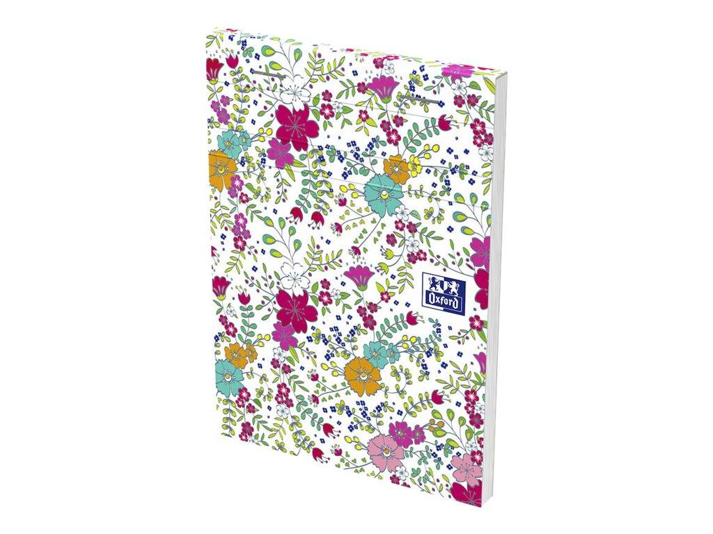 Ein Oxford-Notizbuch oder Planer mit Blumenmuster und bunten Blüten und Blättern auf weißem Einband.