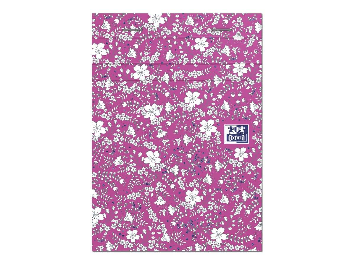 Rosa Notizbuchcover mit Blumenmuster und weißen Blüten sowie einem kleinen Oxford-Logo-Etikett in der unteren rechten Ecke.