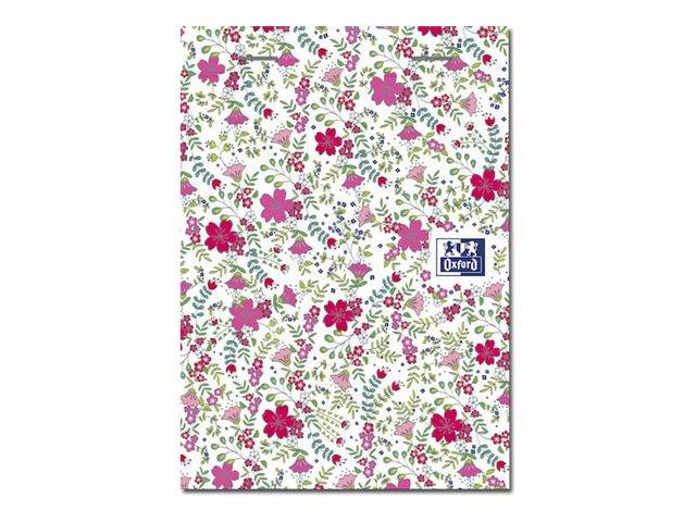 Ein buntes Notizbuchcover mit floralem Muster, das rote, rosa und grüne Blumen und Blätter zeigt. Das 'Oxford'-Logo befindet sich auf der rechten Seite.