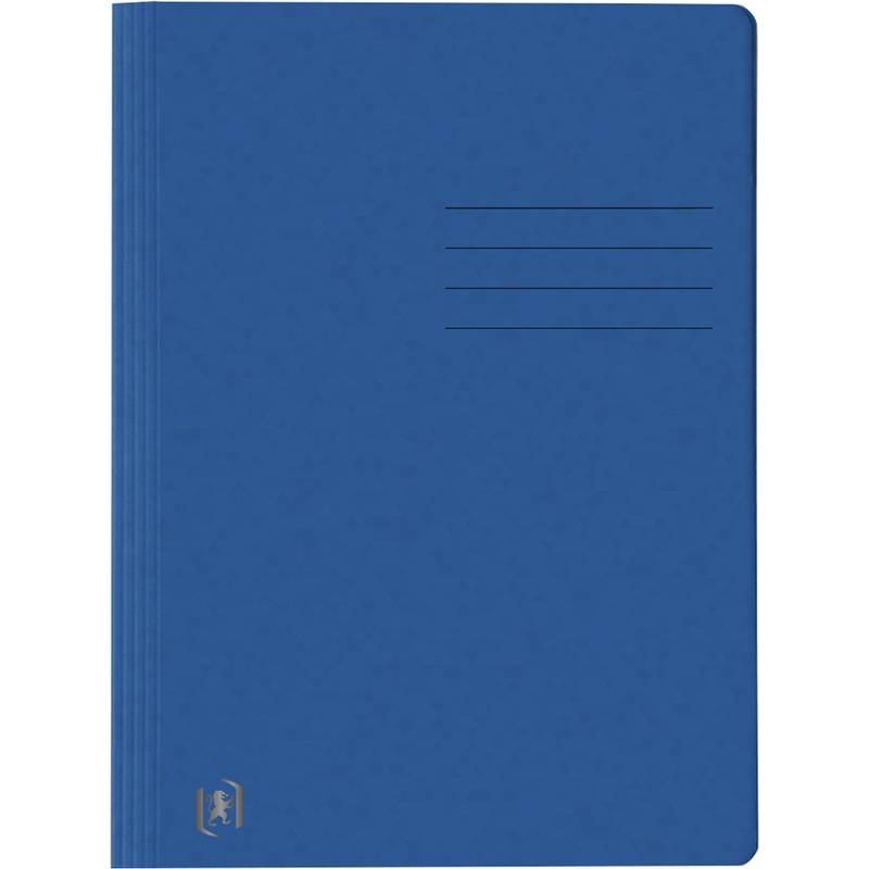 Blaues Hardcover-Notizbuch mit vier horizontalen Etikettenzeilen auf der Vorderseite und einem kleinen goldenen Logo in der Nähe der unteren linken Ecke.