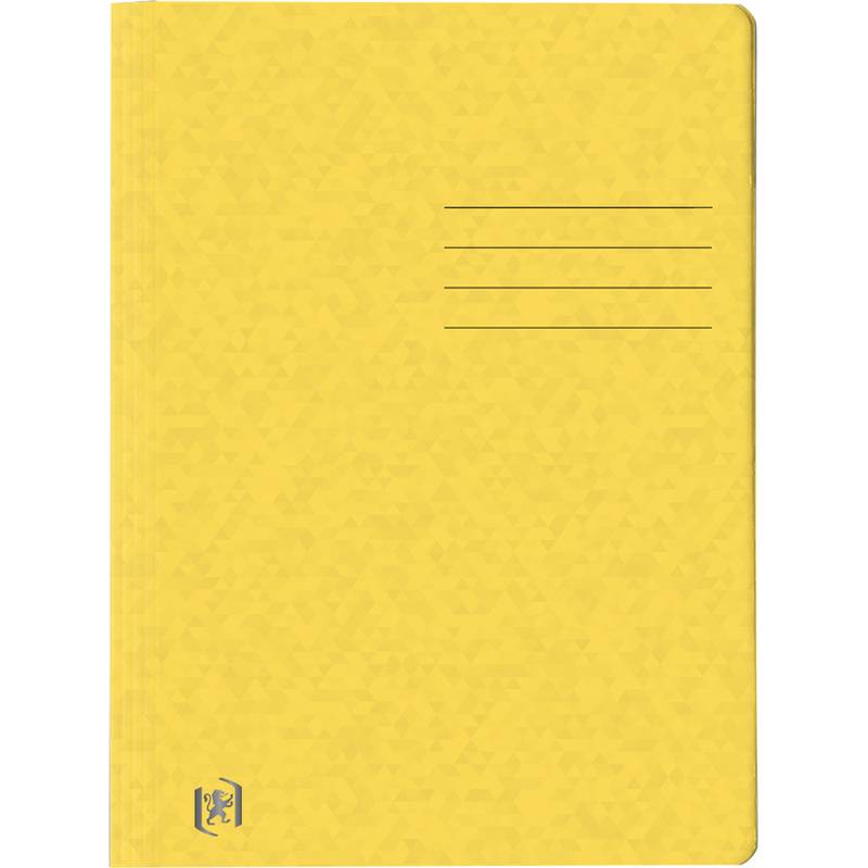 Gelbes liniertes Notizbuch mit einem kleinen Logo unten links und vier horizontalen Schreiblinien oben rechts.
