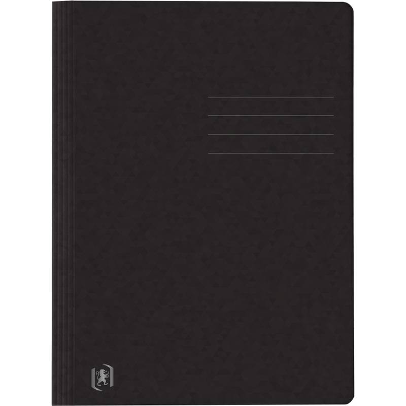 Schwarzes Hardcover-Notizbuch oder Journal mit vier horizontalen Linien oben rechts und einem kleinen Emblem unten links.