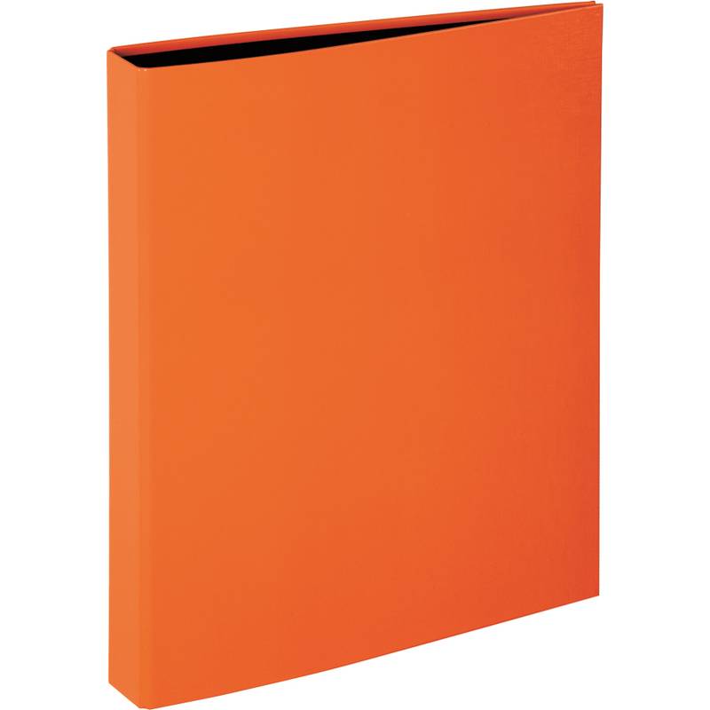 Orangefarbener Ordner oder Aktenordner, aufrecht stehend, geschlossen auf weißem Hintergrund dargestellt.