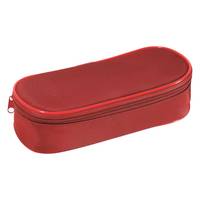 Rotes ovales Etui mit Reißverschluss oder Brillenetui auf weißem Hintergrund.