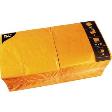 Packung gelb-orange Servietten in Kunststoff verpackt, mit der Bezeichnung 