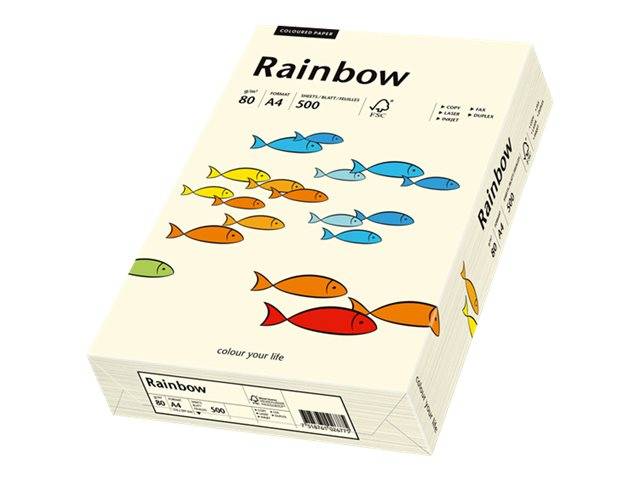 Ein Ries Regenbogen-Papierverpackung mit bunten Fischillustrationen, gekennzeichnet A4, 80 GSM, 500 Blatt und „Färben Sie Ihr Leben