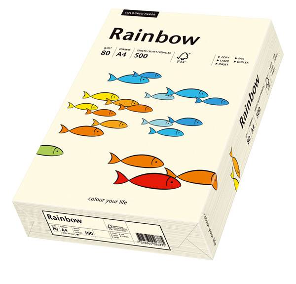 Ein Ries „Rainbow" A4 Kopierpapier mit bunten Fischillustrationen auf der Verpackung, gekennzeichnet mit 80 g/m² und 500 Blatt.