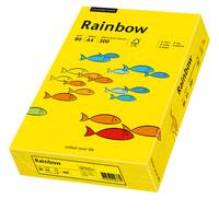 Gelbe Schachtel mit Regenbogenpapier mit bunten Fischillustrationen auf der Verpackung.