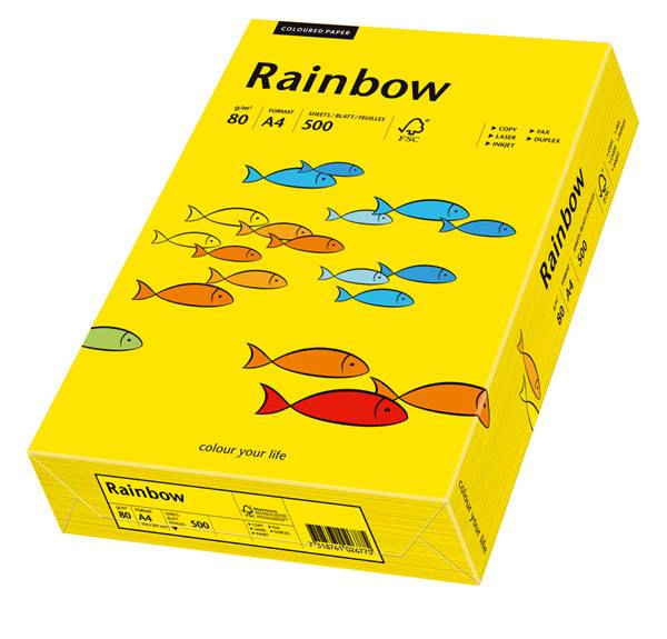 Gelbe Rainbow-Kopierpapier-Ries in einer Schachtel mit bunten Fischillustrationen und Produktdetails auf der Verpackung.