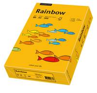 Gelbes Paket Rainbow-Papier mit bunten Fischillustrationen und Produktetikett, in einem Winkel auf weißem Hintergrund dargestellt.