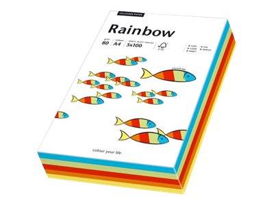Ein Ries Regenbogen-A4-Papier mit mehrfarbigem Fischdesign auf der Verpackung, dargestellt als ein Stapel von 500 Blatt.