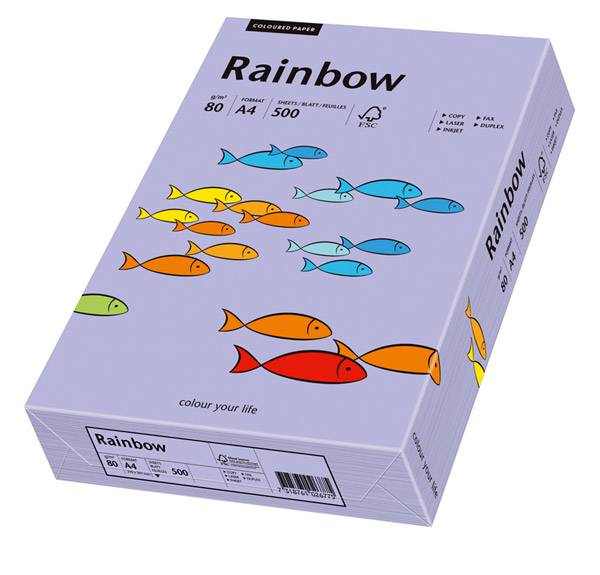 Ein Ries Regenbogenfarbenes Papier in einer lila Verpackung mit mehrfarbigen Fischillustrationen und 