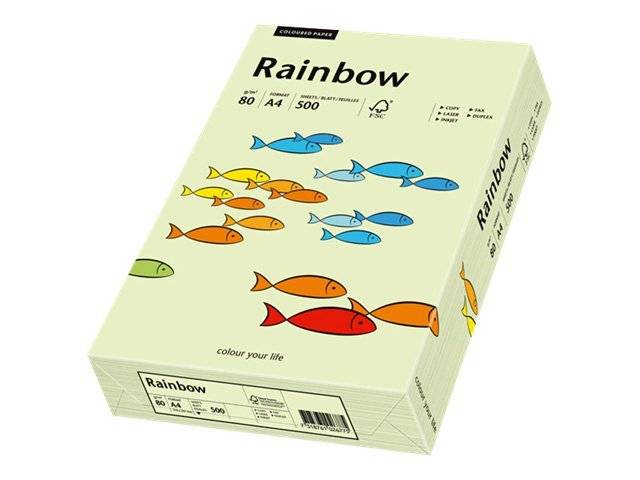Ein Ries Rainbow-Marken A4 Kopierpapier mit einer hellgrünen Schachtel, die bunte Fischillustrationen zeigt und den Slogan „Färben Sie Ihr Leben