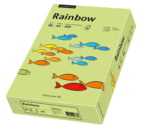 Kasten mit Regenbogenfarbigem Papier, hellgrüne Verpackung mit Fischillustrationen, gekennzeichnet mit 80 g/m², A4, 500 Blatt.
