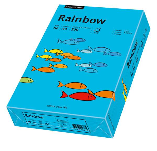 Blaue Schachtel mit regenbogenfarbigem Papier mit Fischillustrationen und Produktdetails auf der Vorder- und Seitenseite.