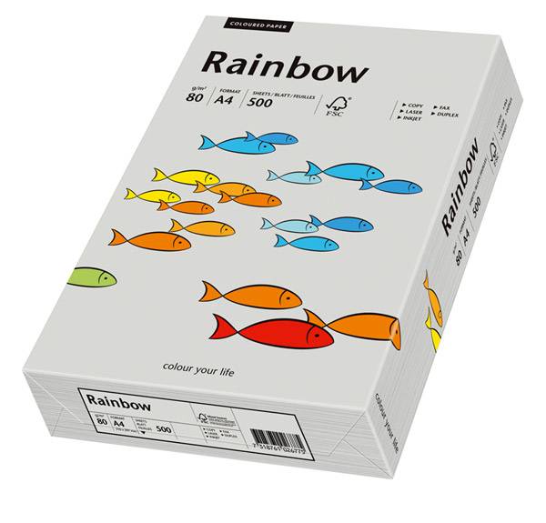 Kasten mit Regenbogen-A4-Kopierpapier mit farbenfroher Fischillustrationen und dem Slogan „Färben Sie Ihr Leben