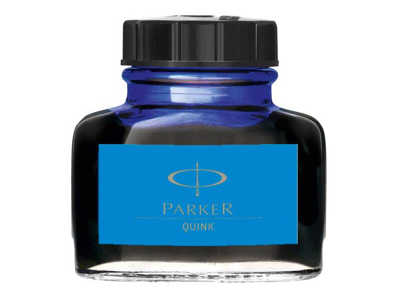 Eine Flasche mit blauer Tinte mit der Aufschrift „Parker Quink