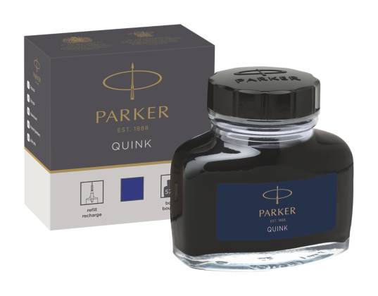 Parker Quink Tintenflasche mit passender Schachtelverpackung, gezeigt auf weißem Hintergrund.