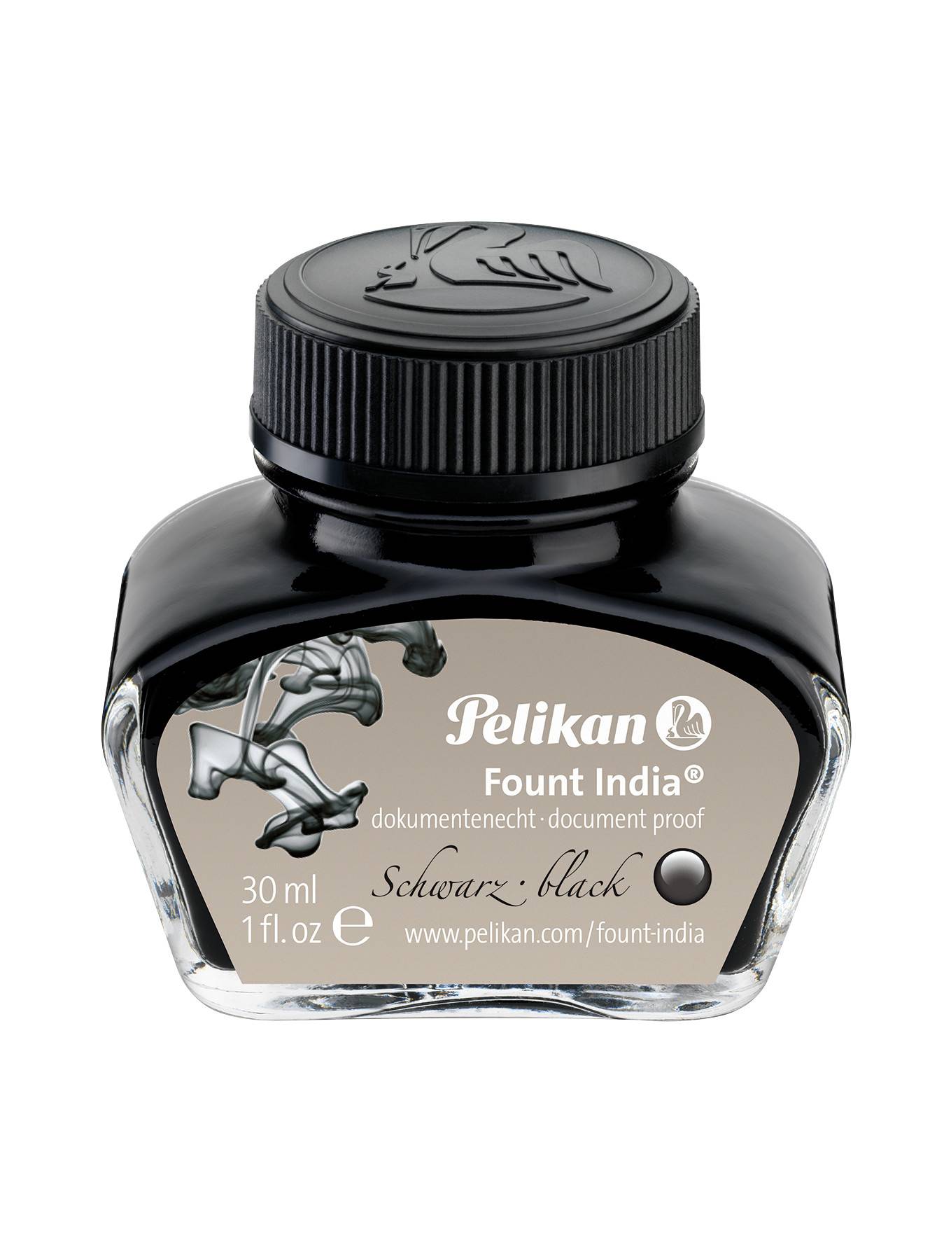 Schwarze Pelikan Füllfederhalter-Tinte India Dokumentbeweis-Tintenflasche, 30 ml, mit sichtbarem Etikett und Kappe auf weißem Hintergrund.