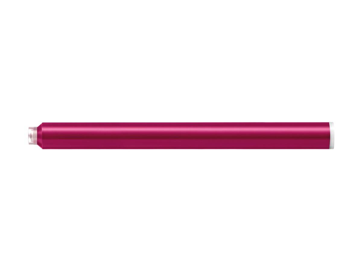 Magenta-farbiges zylindrisches Rohr oder stiftähnliches Objekt, das horizontal auf weißem Hintergrund gezeigt wird.